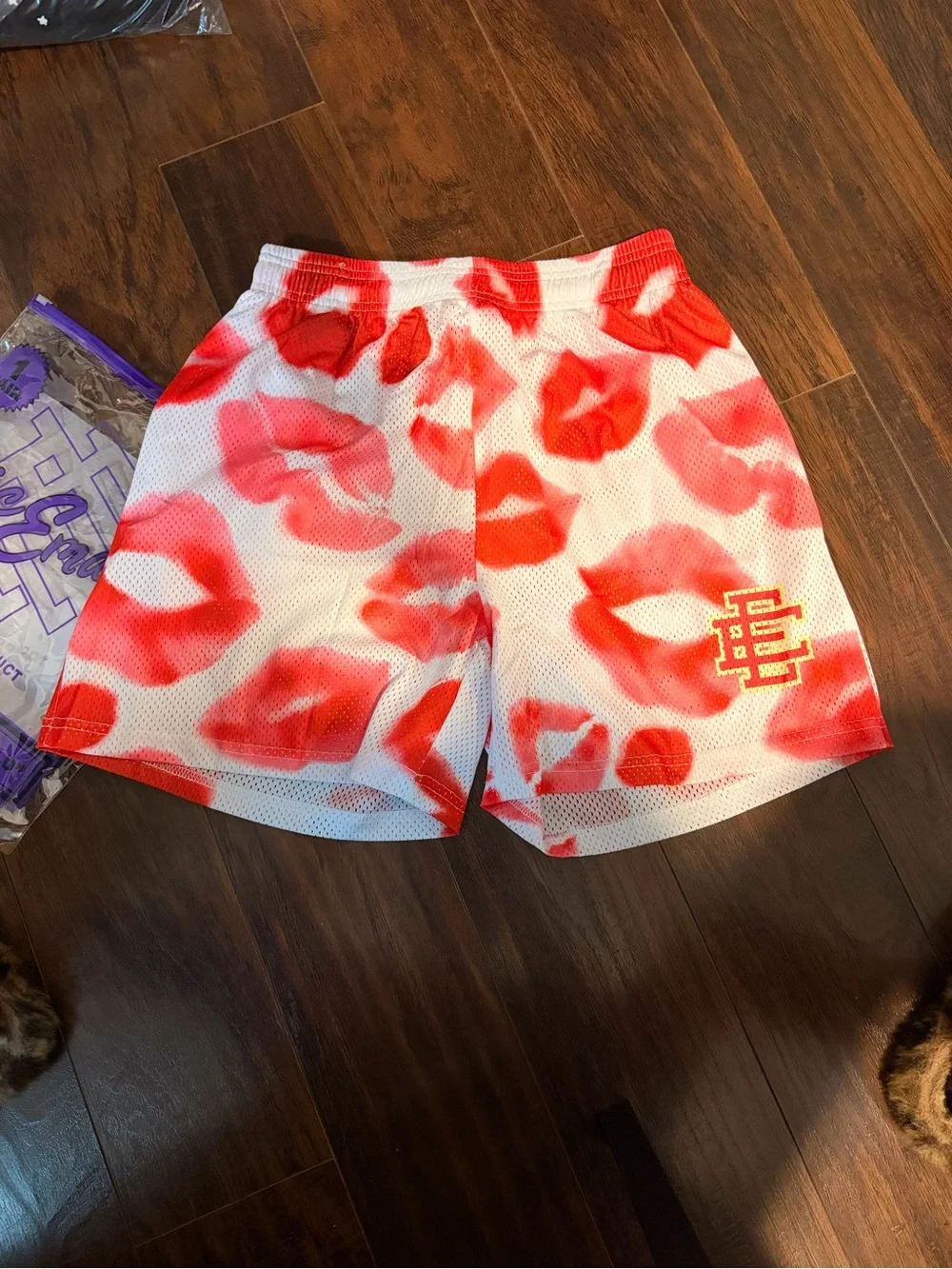 White EE Shorts with Red Lip Print